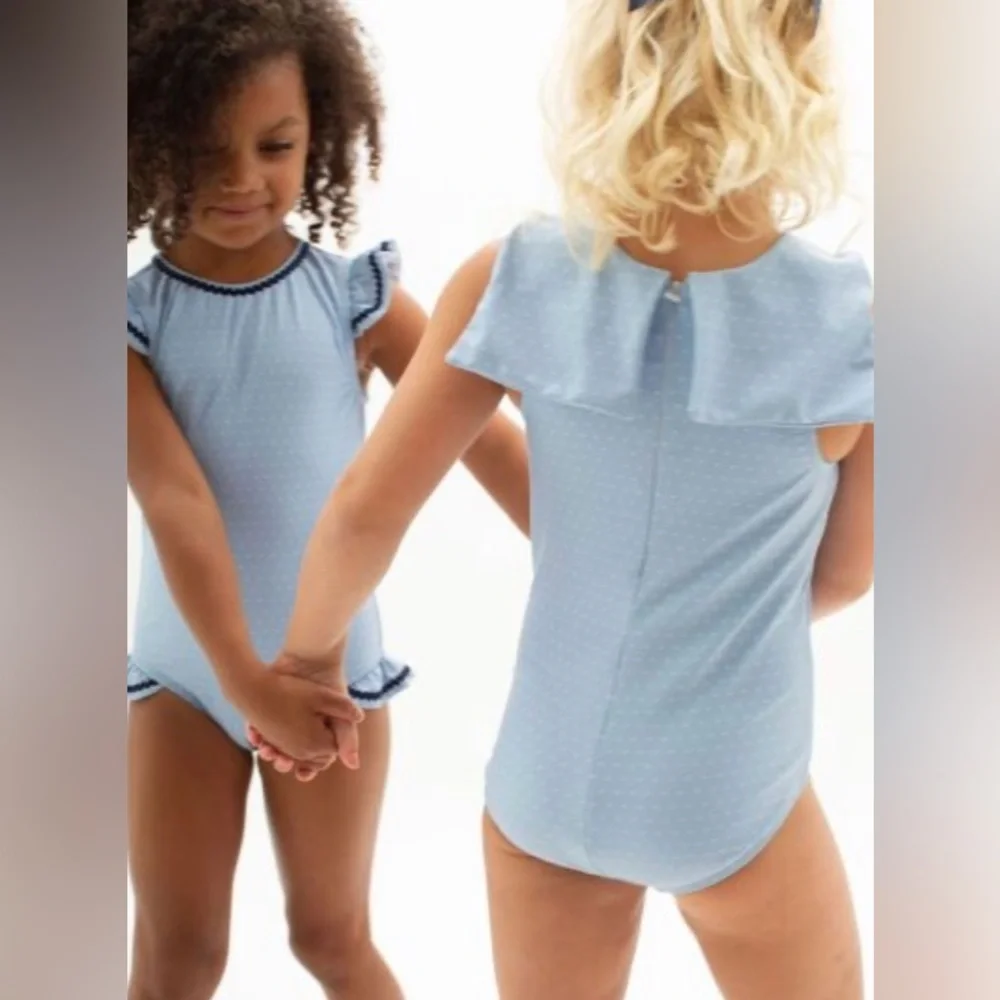 Minnow Girl's Mulberry Blue Dot Sailor One-Piece Swimsuit - Size 7/8T